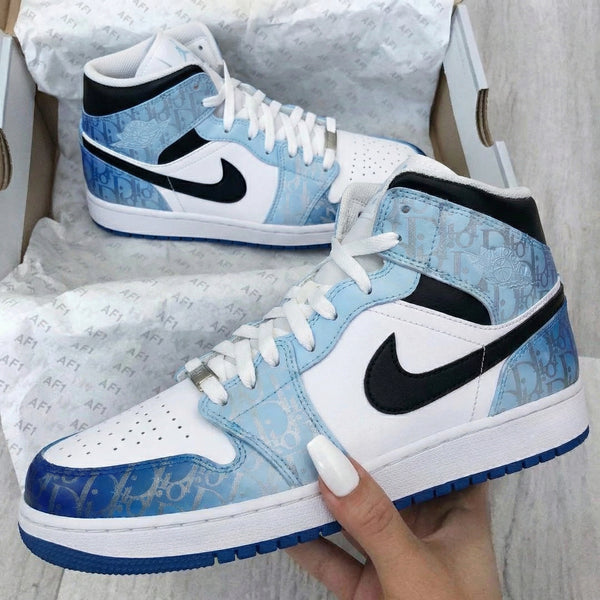 Custom AJ 1s Shoes Baby Blue Black with Dior Pattern-oicustom