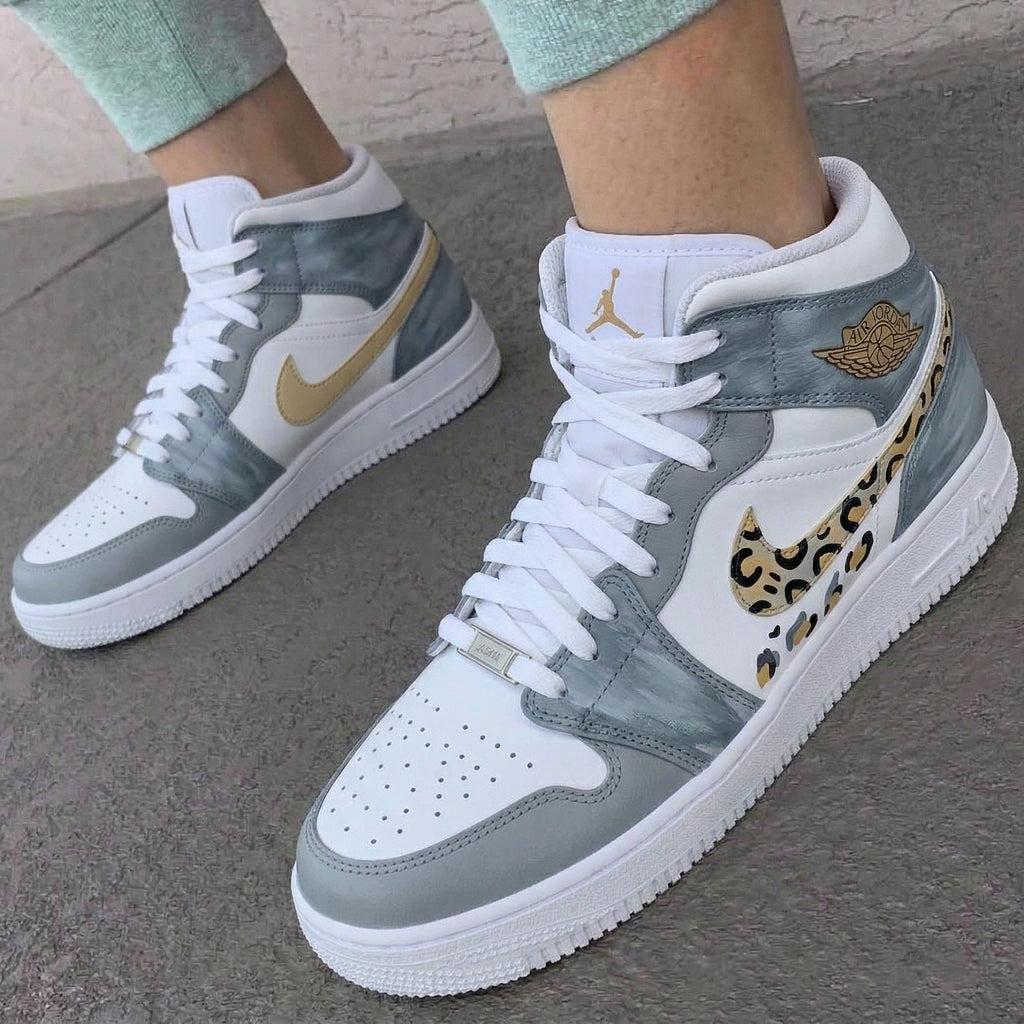 Custom AJ 1s Shoes Baby Blue Gold Leopard Print-oicustom