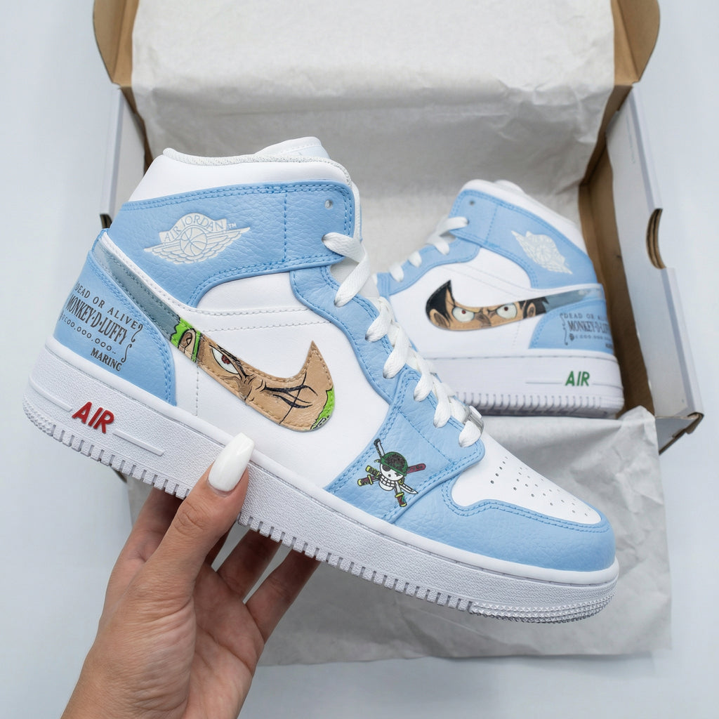 Custom AJ 1s Shoes Baby Blue One Piece Anime Characters Skull Patterns-oicustom