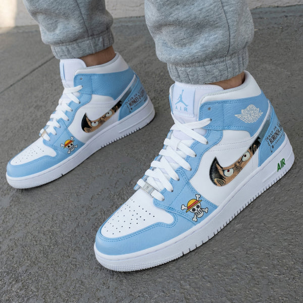 Custom AJ 1s Shoes Baby Blue One Piece Anime Characters Skull Patterns-oicustom