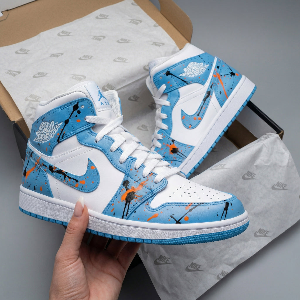 Custom AJ 1s Shoes Baby Blue Orange Paint Splatter-oicustom