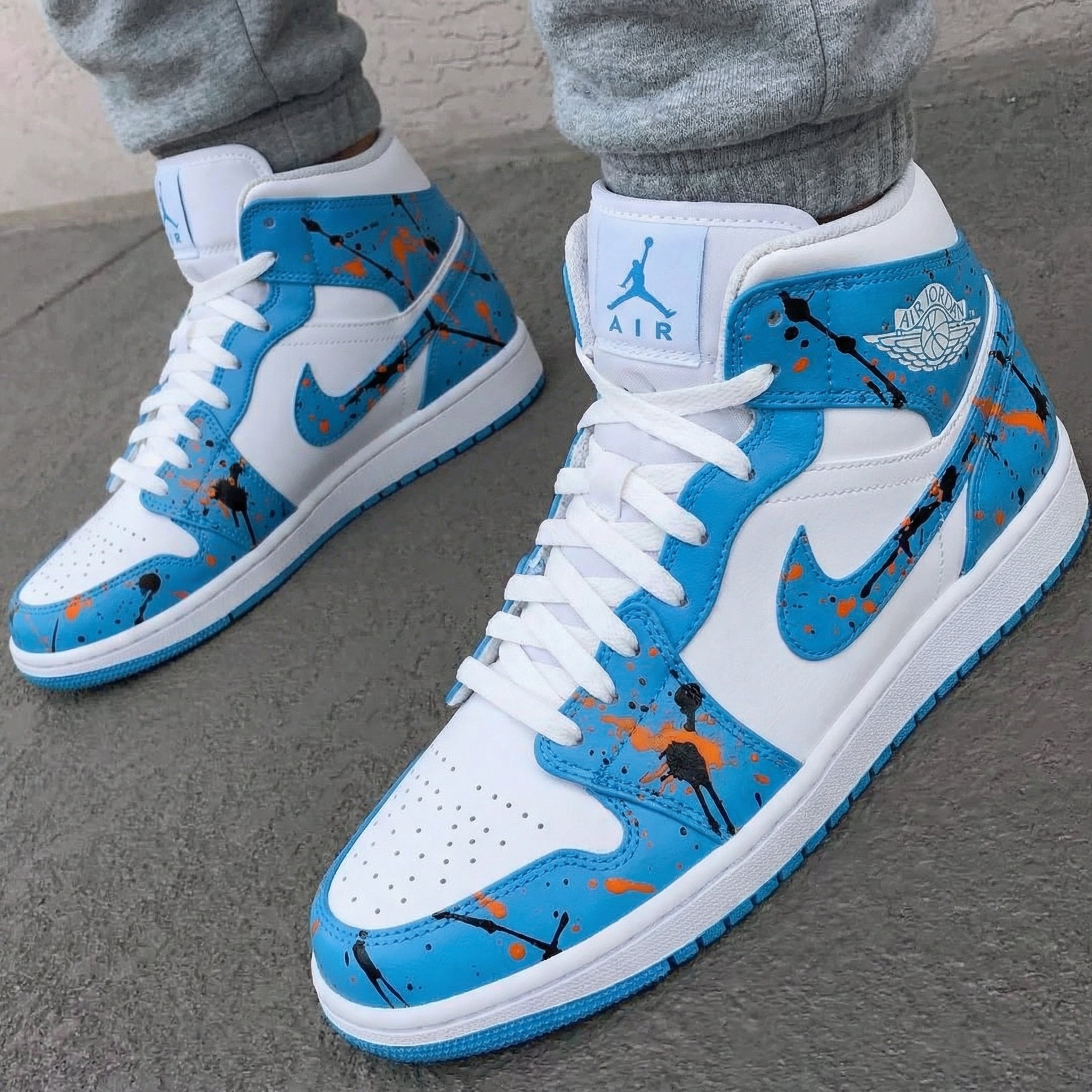 Custom AJ 1s Shoes Baby Blue Orange Paint Splatter – oicustom