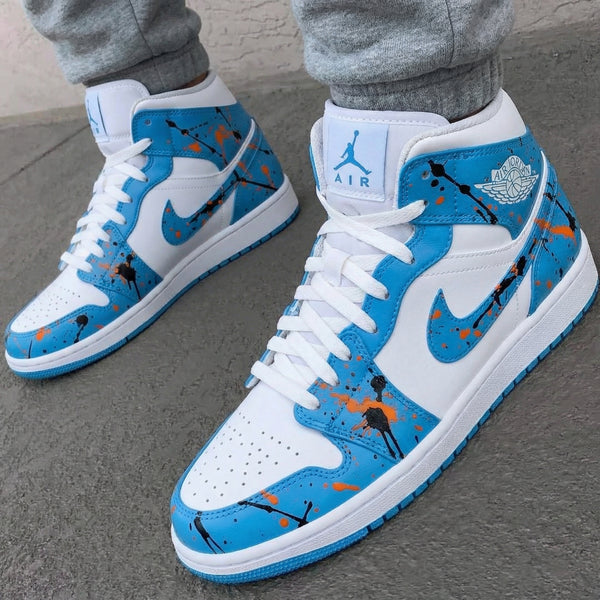 Custom AJ 1s Shoes Baby Blue Orange Paint Splatter-oicustom