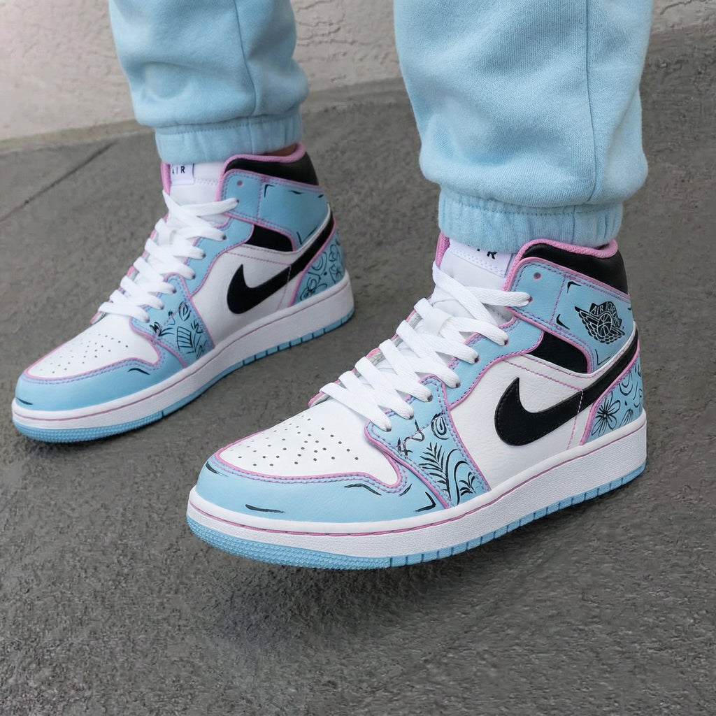 Custom AJ 1s Shoes Baby Blue Pink Floral Design-oicustom