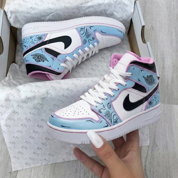 Custom AJ 1s Shoes Baby Blue Pink Floral Design-oicustom