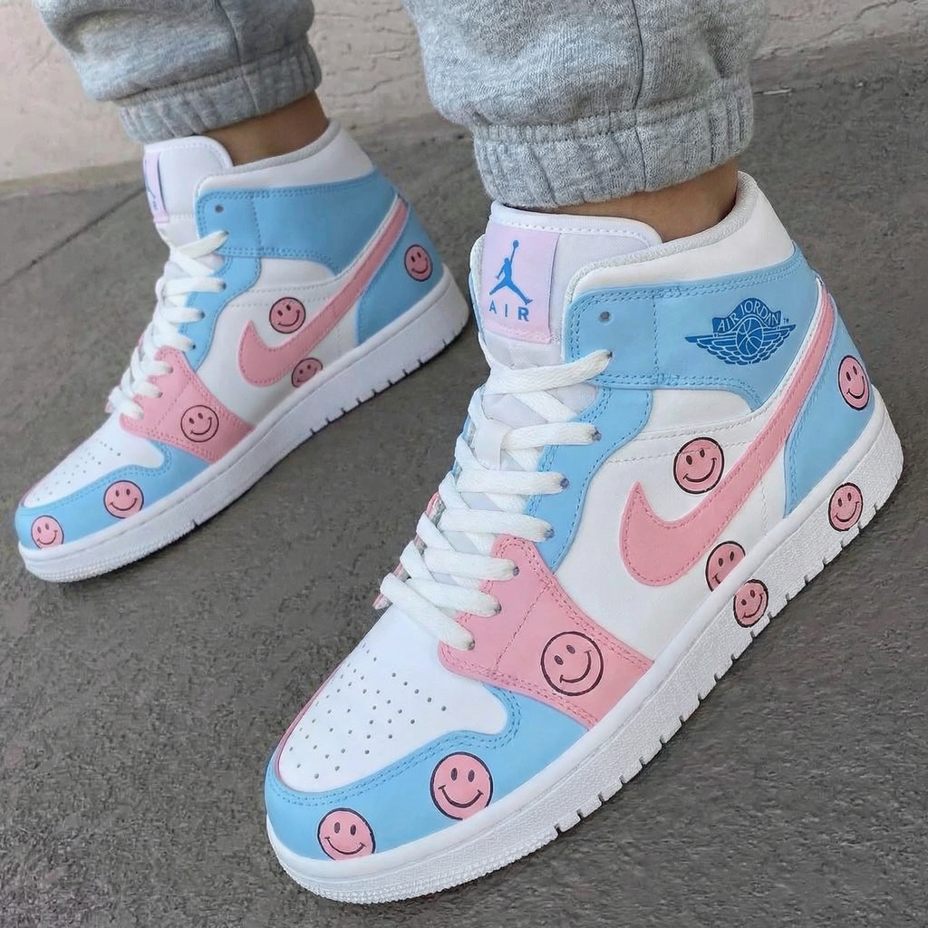 Custom AJ 1s Shoes Baby Blue Pink Smiley Face Design-oicustom
