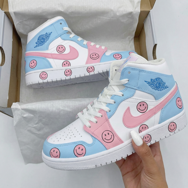 Custom AJ 1s Shoes Baby Blue Pink Smiley Face Design-oicustom