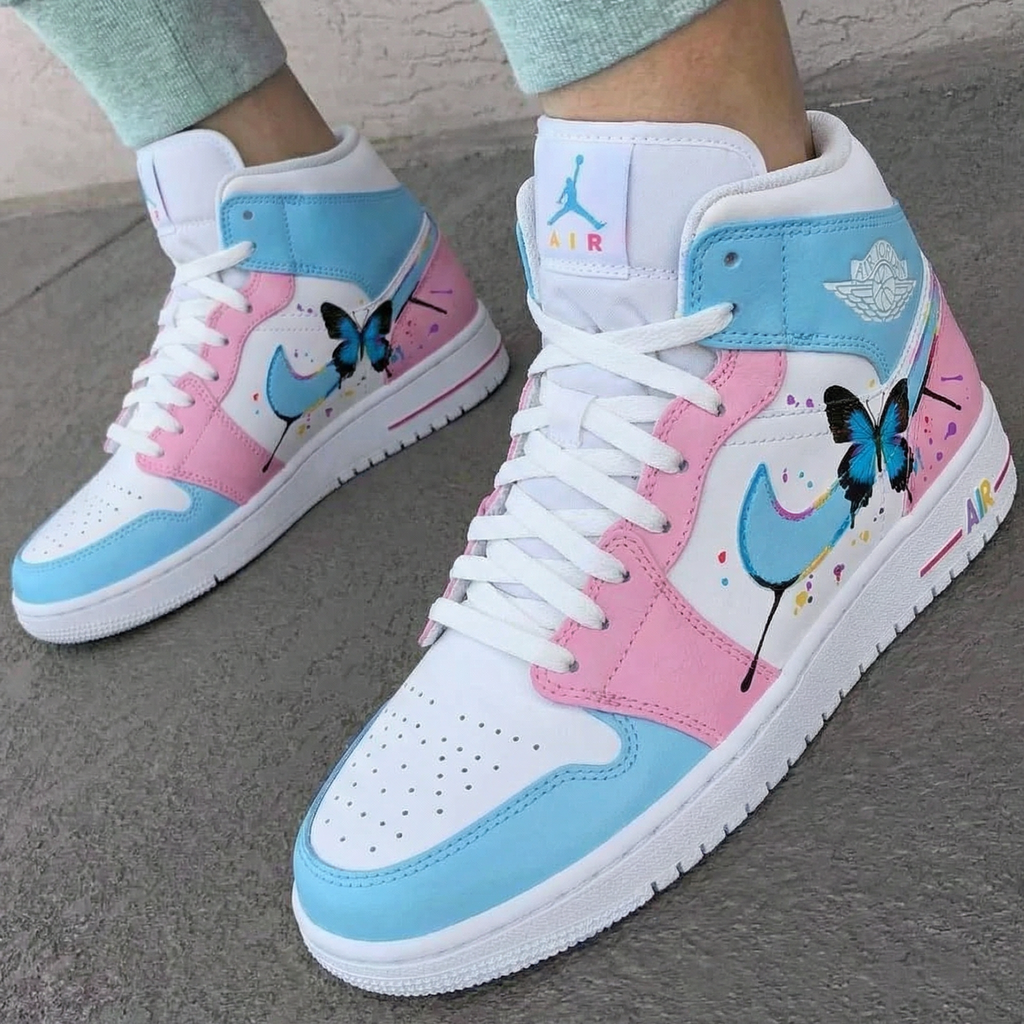 Custom AJ 1s Shoes Baby Blue Pink with Butterflies-oicustom