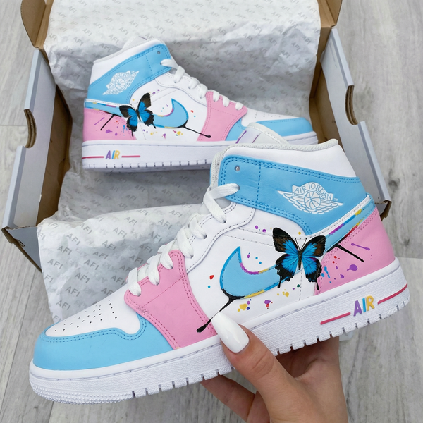 Custom AJ 1s Shoes Baby Blue Pink with Butterflies-oicustom