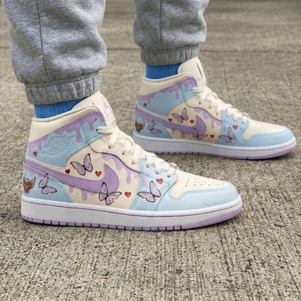 Custom AJ 1s Shoes Baby Blue Purple Butterflies Hearts Design-oicustom