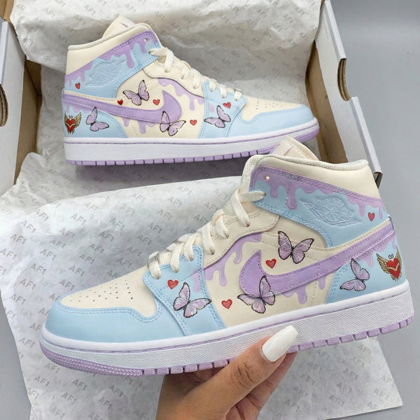 Custom AJ 1s Shoes Baby Blue Purple Butterflies Hearts Design-oicustom