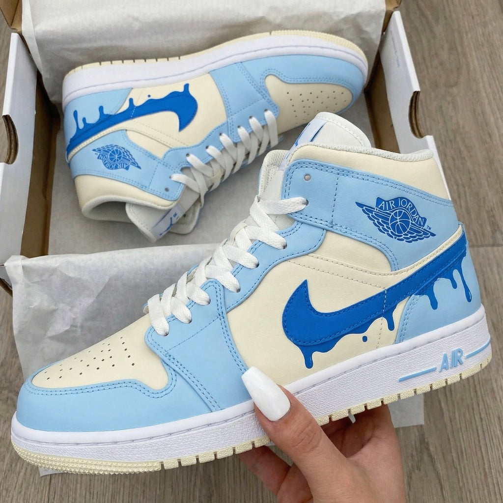 Custom AJ 1s Shoes Baby Blue Royal Blue Drip Swoosh-oicustom