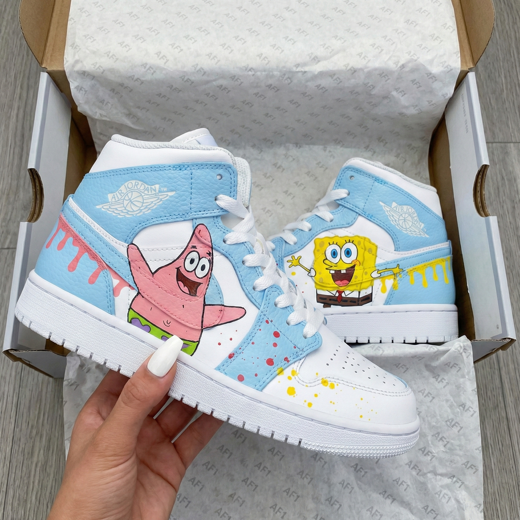 Custom AJ 1s Shoes Baby Blue SpongeBob Patrick Star Drip Paint-oicustom