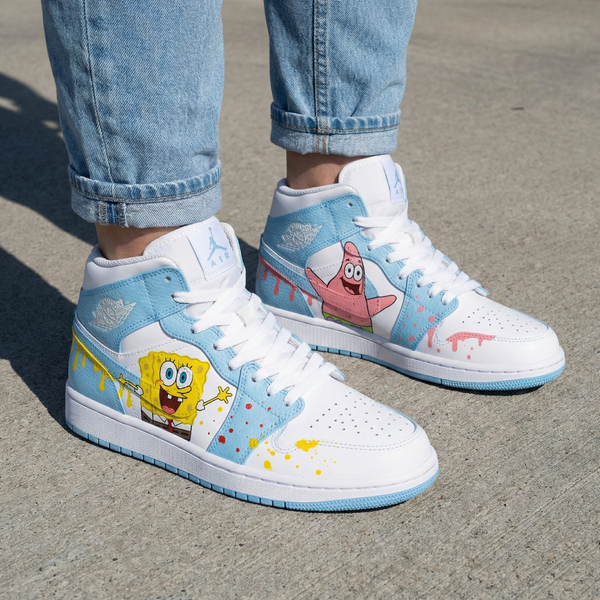 Custom AJ 1s Shoes Baby Blue SpongeBob Patrick Star Drip Paint-oicustom