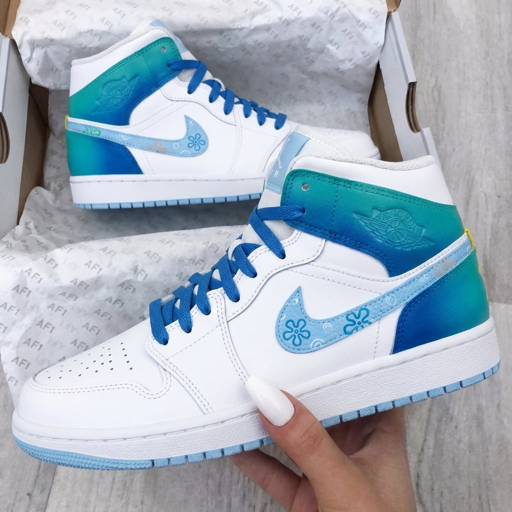 Custom AJ 1s Shoes Baby Blue Teal Flower Patterns-oicustom