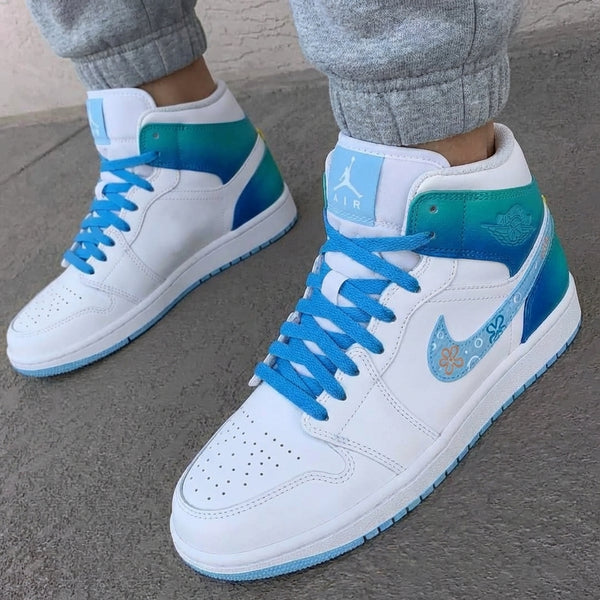 Custom AJ 1s Shoes Baby Blue Teal Flower Patterns-oicustom