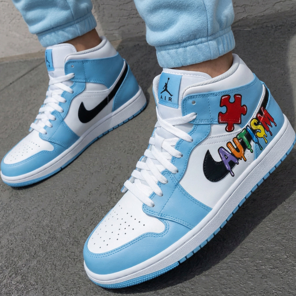 Custom AJ 1s Shoes Baby Blue White Autism Puzzle Design-oicustom