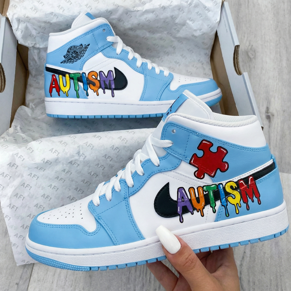 Custom AJ 1s Shoes Baby Blue White Autism Puzzle Design-oicustom
