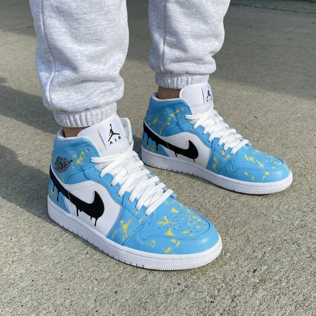 Custom AJ 1s Shoes Baby Blue White with Black Drip and Yellow Splatter Design-oicustom