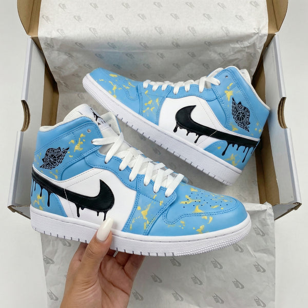 Custom AJ 1s Shoes Baby Blue White with Black Drip and Yellow Splatter Design-oicustom