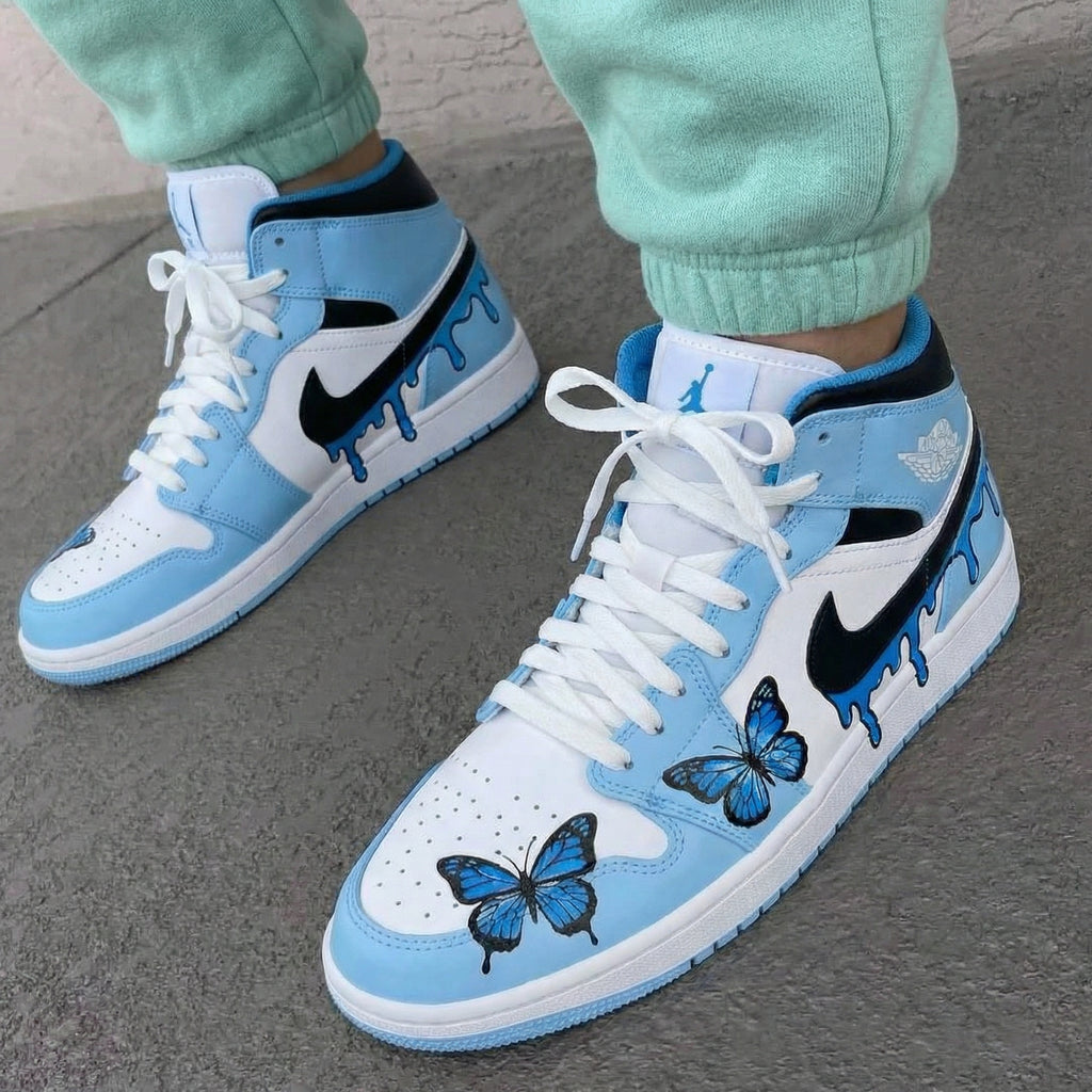 Custom AJ 1s Shoes Baby Blue White with Butterflies and Drip Design-oicustom