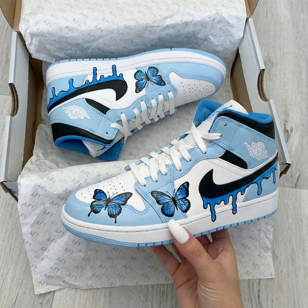 Custom AJ 1s Shoes Baby Blue White with Butterflies and Drip Design-oicustom
