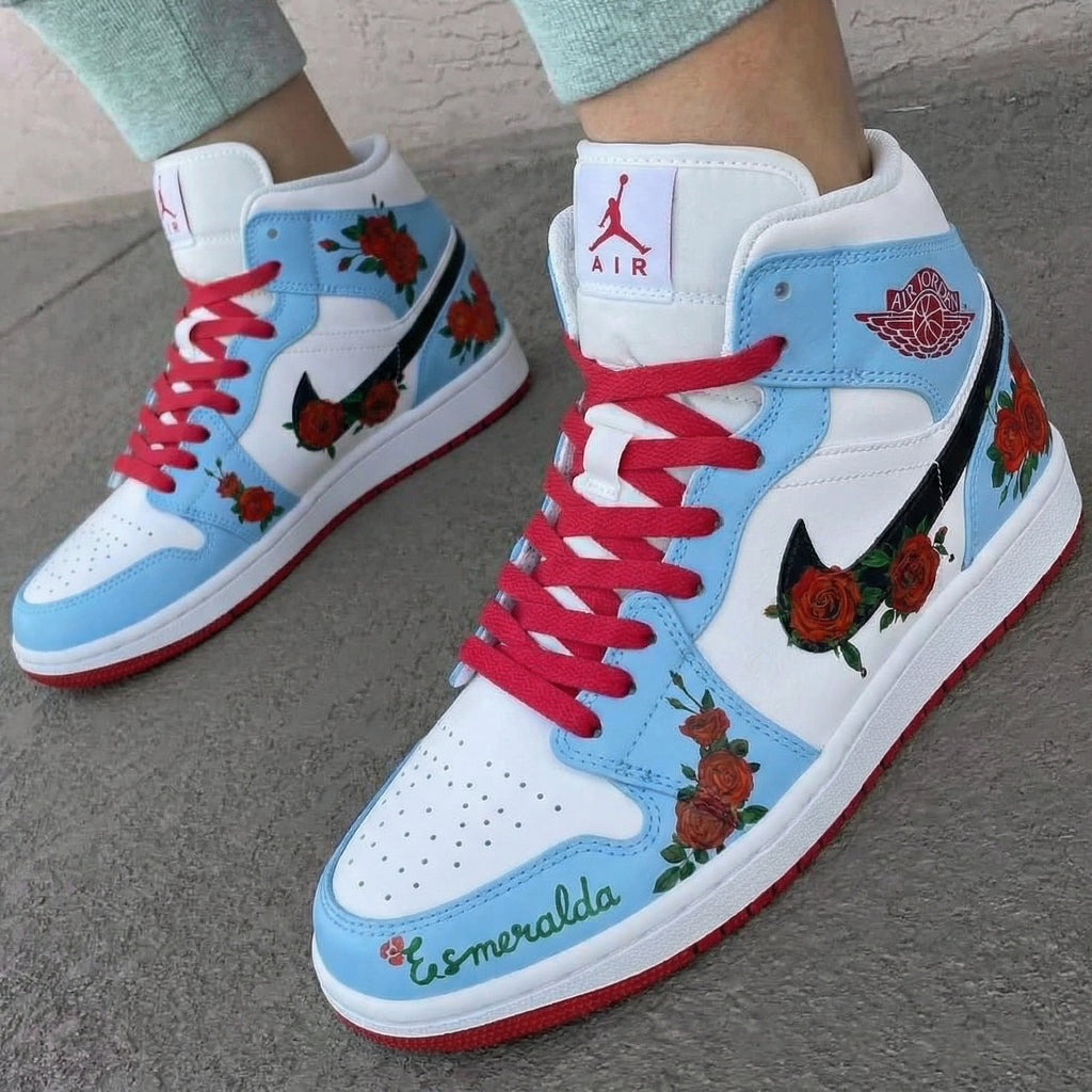 Custom AJ 1s Shoes Baby Blue White with Rose Pattern-oicustom