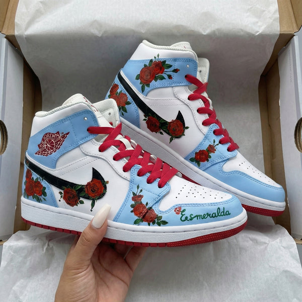 Custom AJ 1s Shoes Baby Blue White with Rose Pattern-oicustom