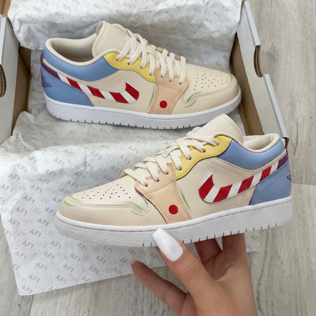 Custom AJ 1s Shoes Baby Blue Yellow Red Cartoon Red White Stripes Red Dot Green Lines-oicustom
