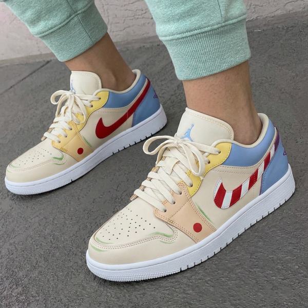 Custom AJ 1s Shoes Baby Blue Yellow Red Cartoon Red White Stripes Red Dot Green Lines-oicustom