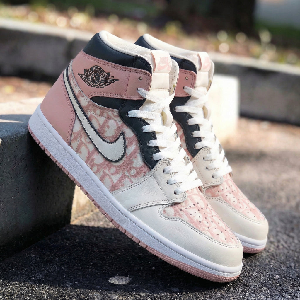 Custom AJ 1s Shoes Baby Pink Beige with LV Pattern-oicustom
