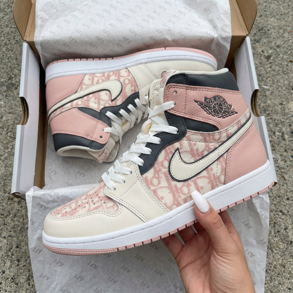Custom AJ 1s Shoes Baby Pink Beige with LV Pattern-oicustom