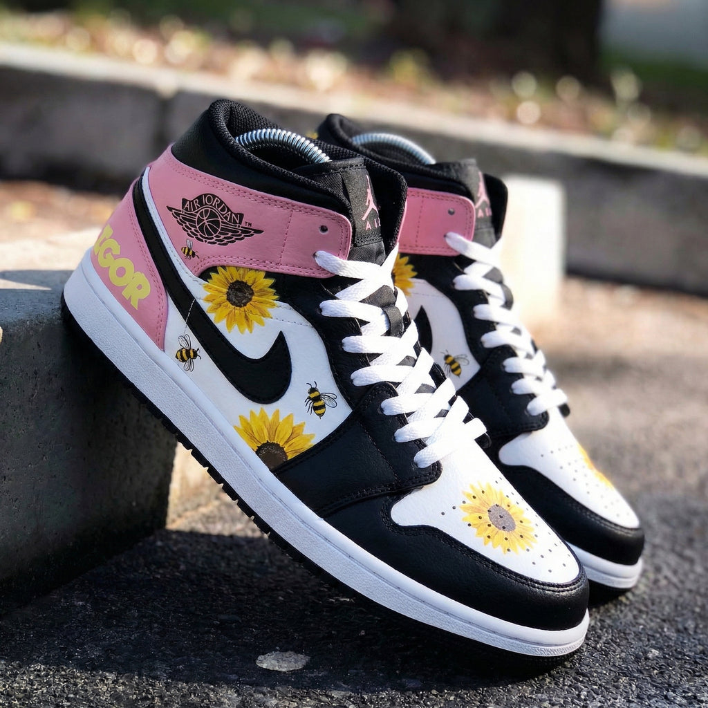 Custom AJ 1s Shoes Baby Pink Black and White with Sunflowers and Bees-oicustom