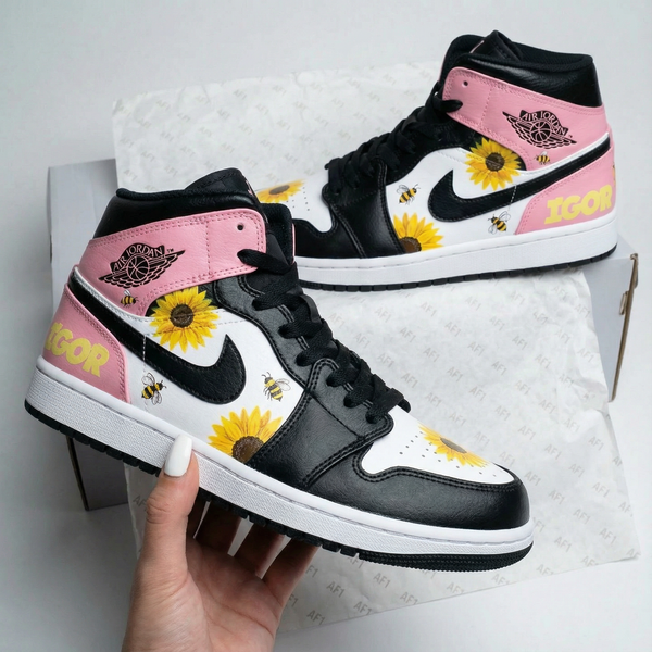 Custom AJ 1s Shoes Baby Pink Black and White with Sunflowers and Bees-oicustom
