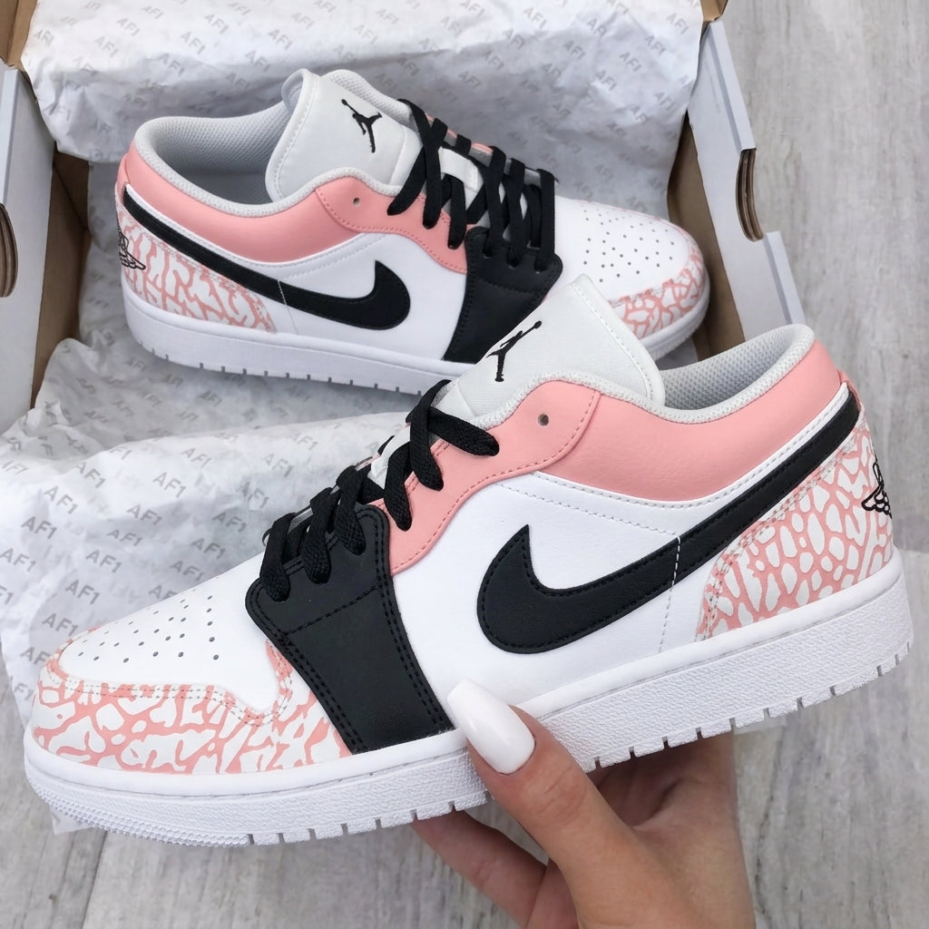 Custom AJ 1s Shoes Baby Pink Black Elephant Print-oicustom