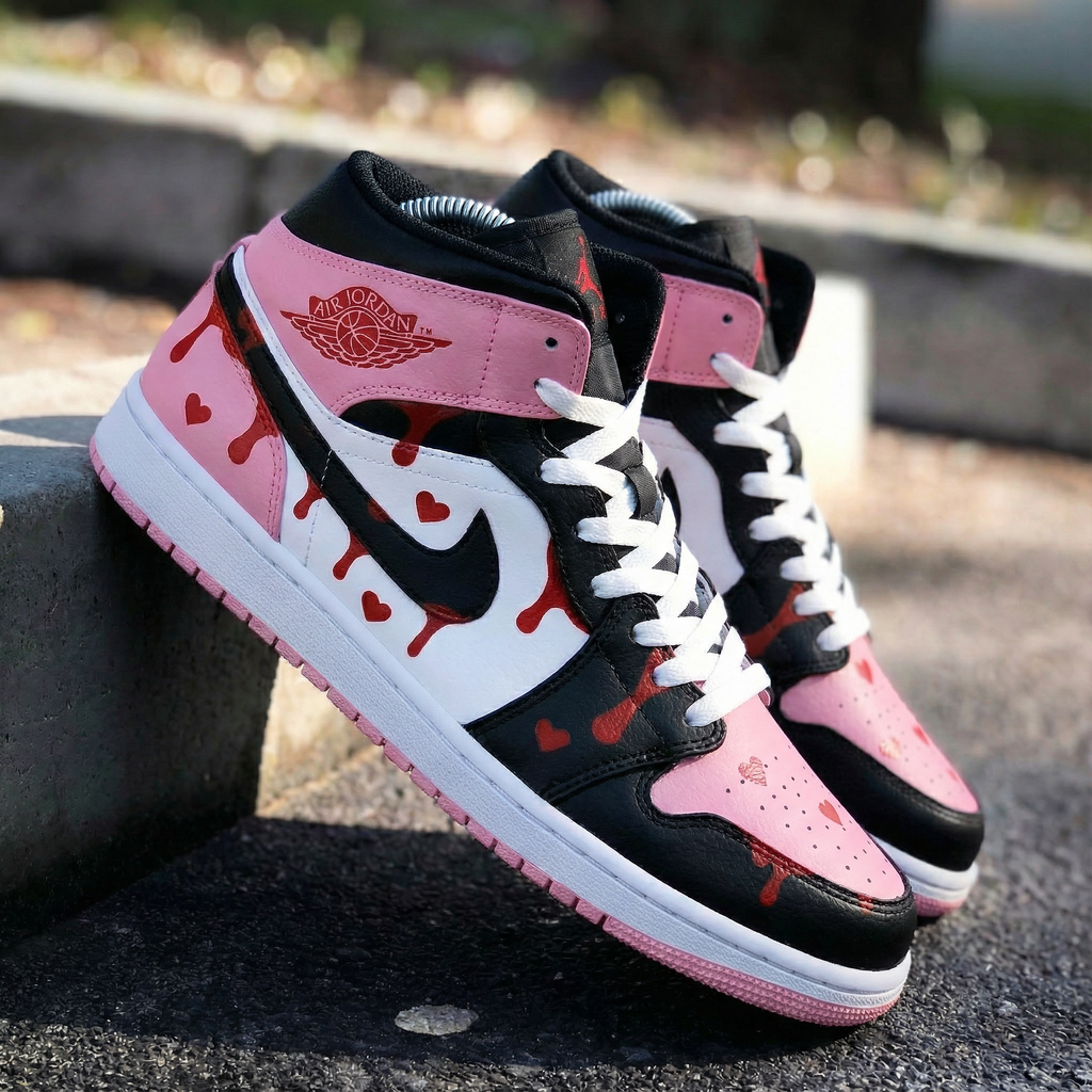 Custom AJ 1s Shoes Baby Pink Black Heart Pattern-oicustom
