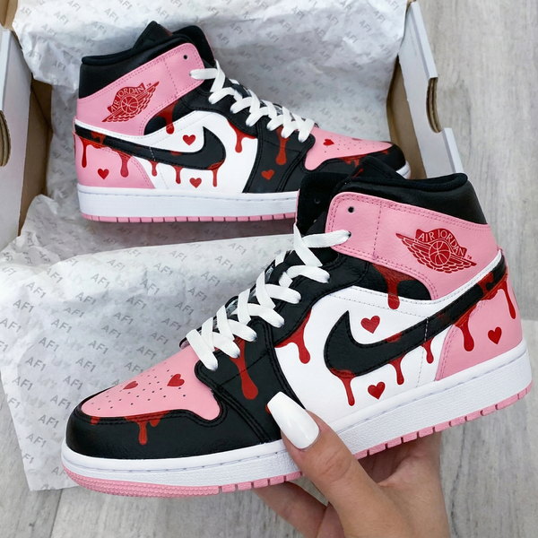 Custom AJ 1s Shoes Baby Pink Black Heart Pattern-oicustom