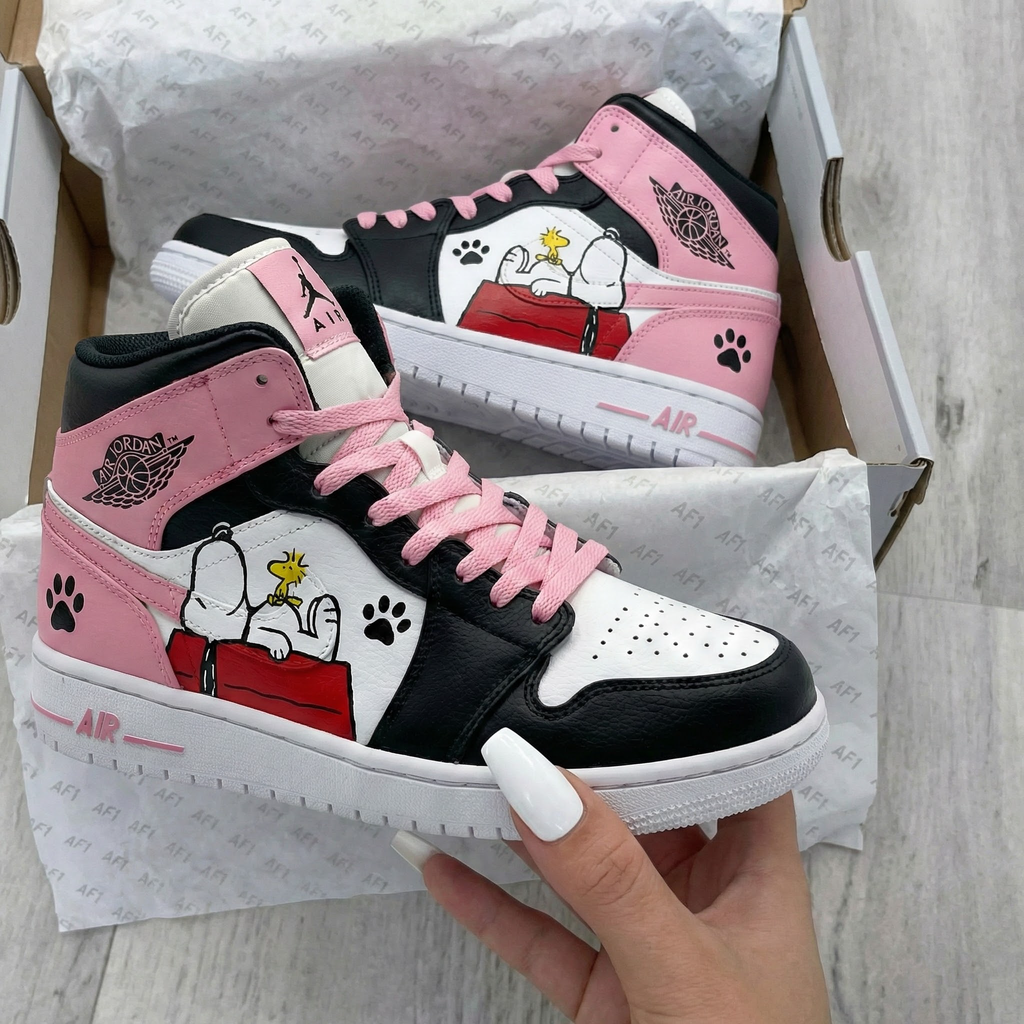Custom AJ 1s Shoes Baby Pink Black White Snoopy Design-oicustom