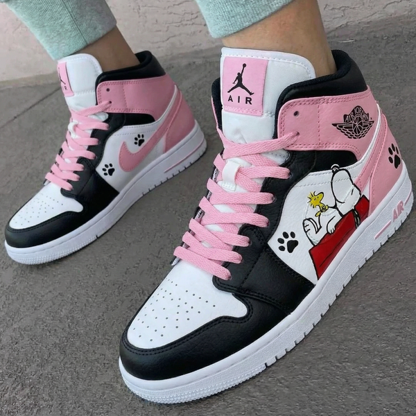 Custom AJ 1s Shoes Baby Pink Black White Snoopy Design-oicustom
