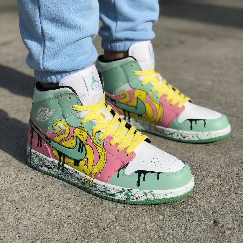Custom AJ 1s Shoes Baby Pink Mint Green Graffiti Design-oicustom