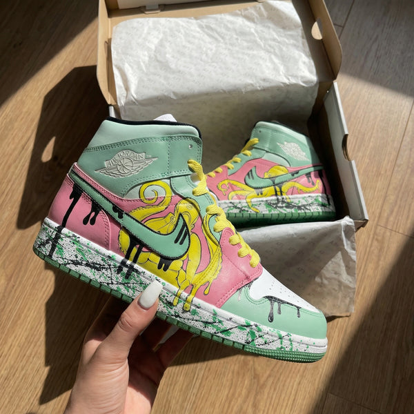 Custom AJ 1s Shoes Baby Pink Mint Green Graffiti Design-oicustom