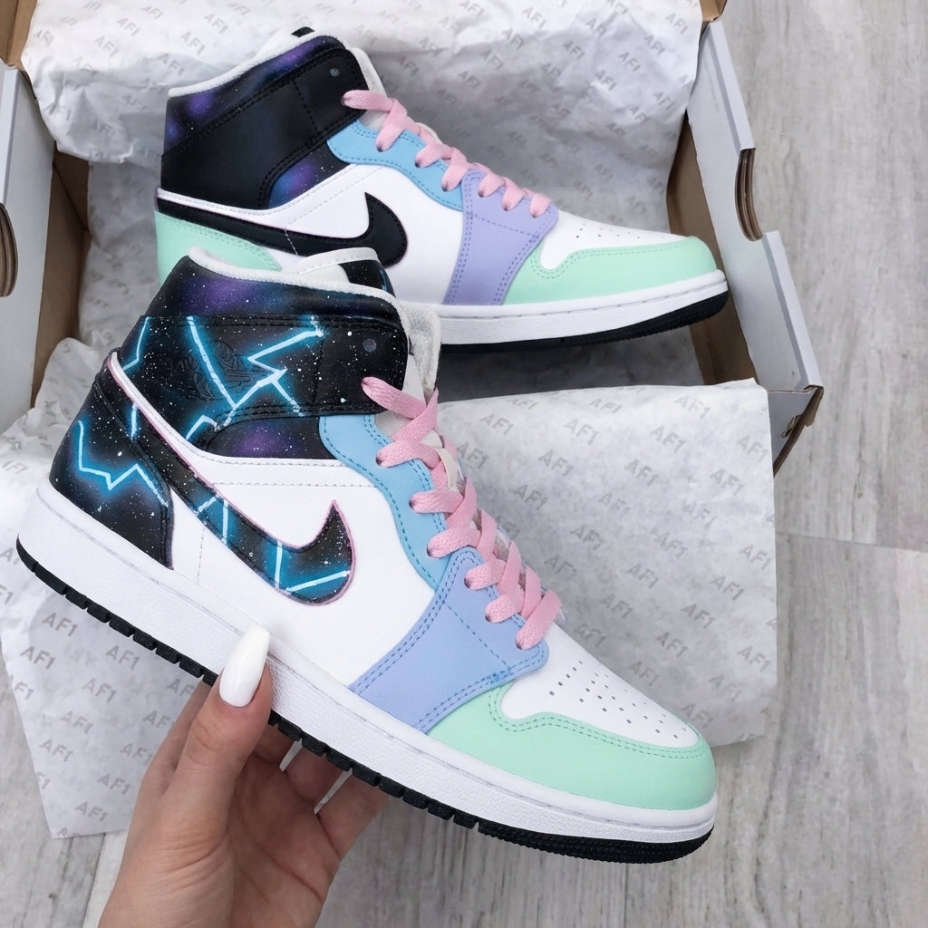 Custom AJ 1s Shoes Baby Pink Mint Lavender Galaxy Lightning Pattern-oicustom