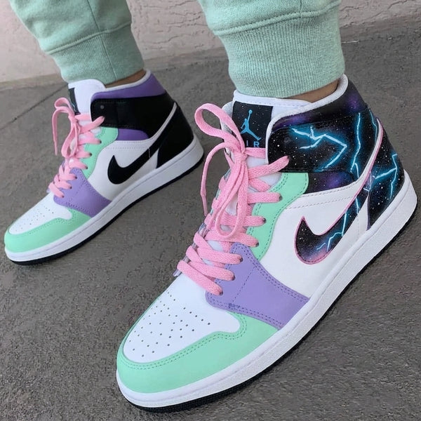 Custom AJ 1s Shoes Baby Pink Mint Lavender Galaxy Lightning Pattern-oicustom