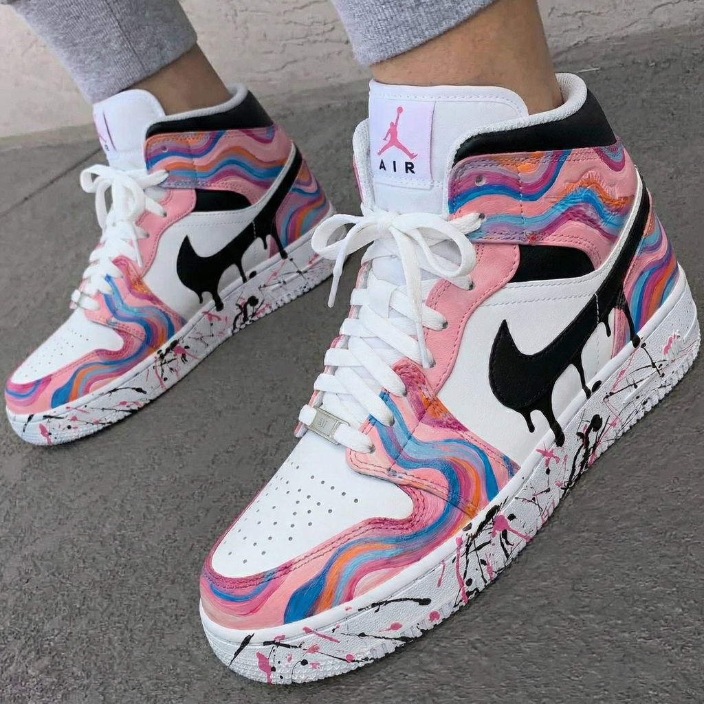 Custom AJ 1s Shoes Baby Pink Multicolor Wave Pattern-oicustom