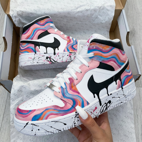 Custom AJ 1s Shoes Baby Pink Multicolor Wave Pattern-oicustom
