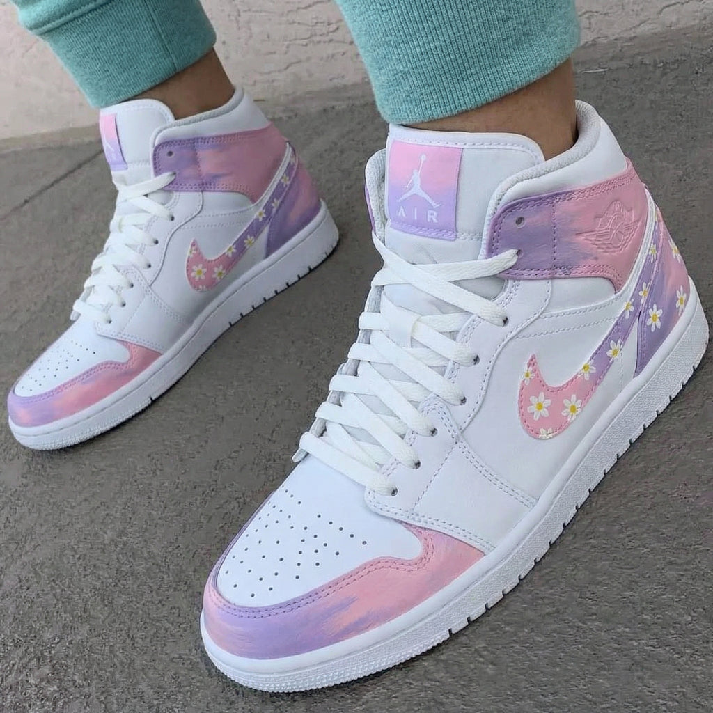 Custom AJ 1s Shoes Baby Pink Purple Daisy Pattern-oicustom