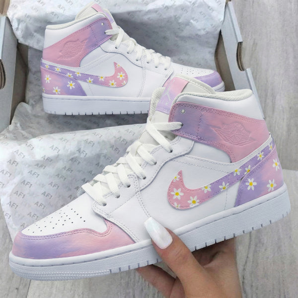 Custom AJ 1s Shoes Baby Pink Purple Daisy Pattern-oicustom