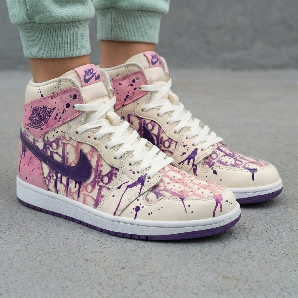 Custom AJ 1s Shoes Baby Pink Purple Graffiti Design-oicustom