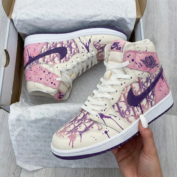 Custom AJ 1s Shoes Baby Pink Purple Graffiti Design-oicustom