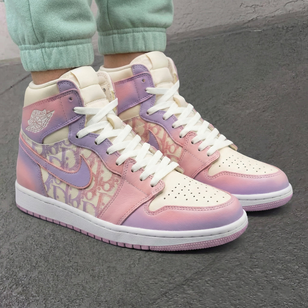 Custom AJ 1s Shoes Baby Pink Purple LV Pattern-oicustom